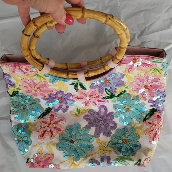 Jn's Spring Floral Sequined Fabric Bamboo Handbag Handbag Purse Pretty! - Picture 8 of 8